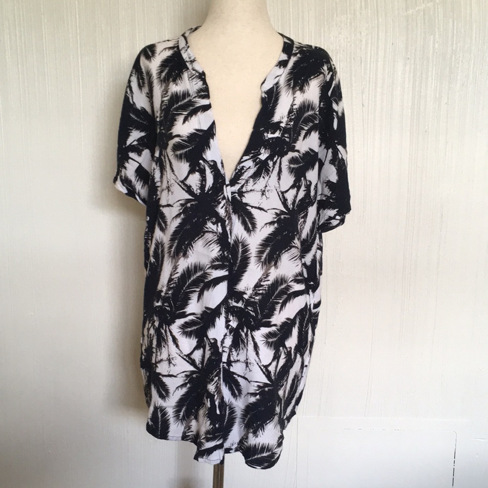 Mikoh Black and White Palm Print Plunge Tunic coverup beach pool 1 XS Dress